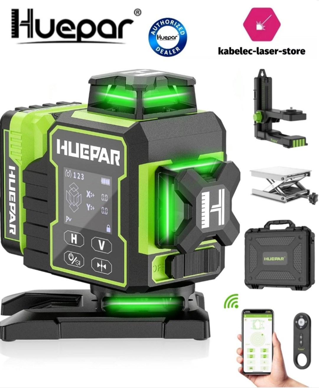 Niveau laser 4D Huepar W04CG vert avec support électrique rotatif et batterie