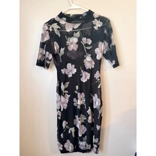 Y2K Putters Pot Black Floral Mesh Mock Neck Short Sleeve Sheer Mini Dress Party