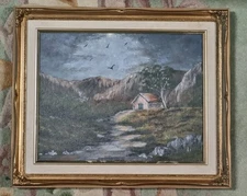 Moonlit cottage mountain landscape acrylic art painting framed artist signed