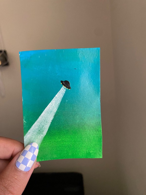 ACEO Original Acrylic Painting 2.5 X 3.5”. ~ Alien Ship