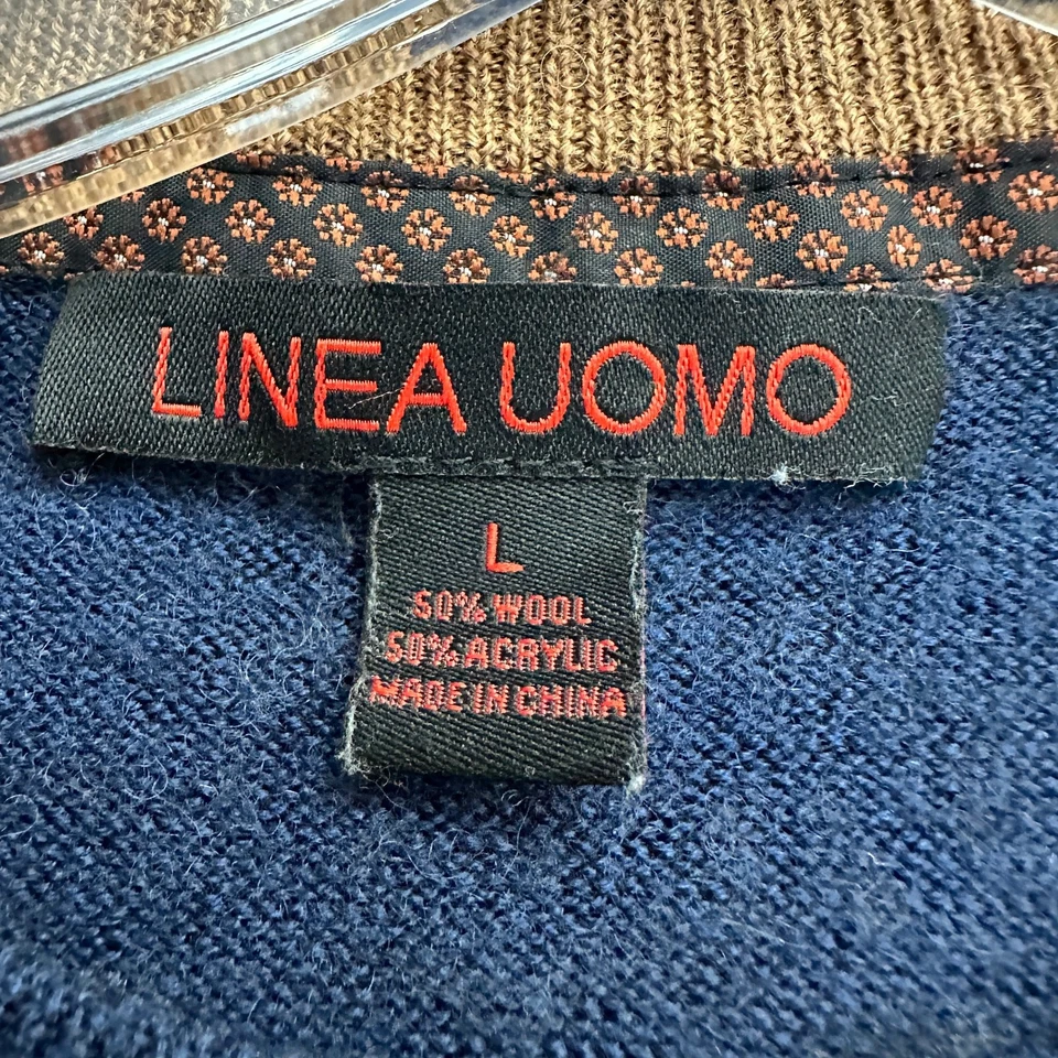 Linea Uomo Mens Wool Blend Sweater Size L Navy Tan Geometric Preppy Classic - Image 3 of 4