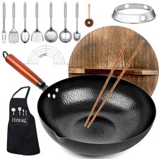 kaqinu 14 Piece Carbon Steel Wok Pan, Woks & Stir-Fry Pans Set 12.6'', Black
