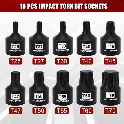 10 Pieces 3/8'' Drive Impact Torx Bit Sockets T25-T70 Cr-Mo Impact Grade