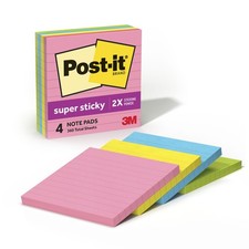 Post-it Super Sticky Notes, 4 x 4 in, Neon Fizz, 4 Lined Pads 1.7" x 4"