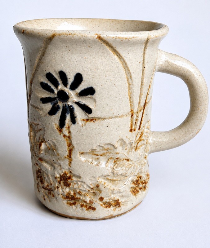 Vintage Handmade Stoneware Mug Rustic Art Pottery Signed Floral 8 Oz