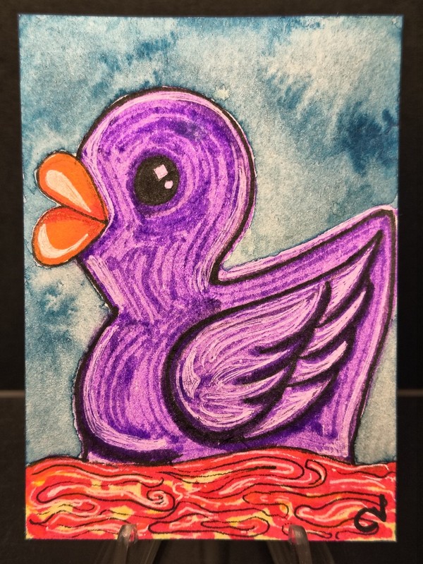 ACEO Duck Rubber Ducky Purple Unique  By Crystal Valentine Painting Mini Art ATC