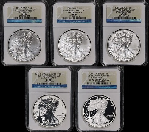 2011 - P S W Silver American Eagle $1 5 Coin Set Early Releases NGC 70 Burnis...