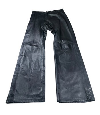 Cache Black Leather Pants Studded Waist Wide Leg Flare Y2K Moto Glam Rocker 12