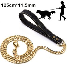 Heavy Duty Gold Stainless Steel Dog Chain Lead with Leather Handle 125cm