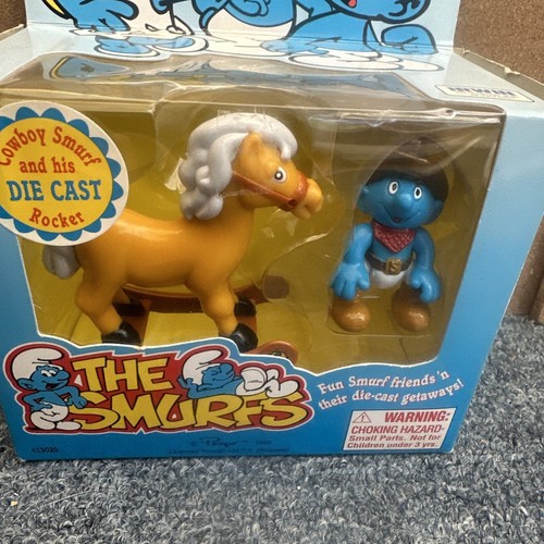 NOS Smurfs Irwin Cowboy Smurf & His Die Cast Rocker Figure 1996 Toy Island Peyo - Picture 2 of 6