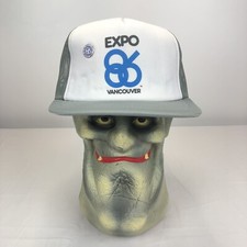 Vintage Expo 86 Snapback Mesh Gray Trucker Hat Vancouver 1986 World Expo w/ Pin