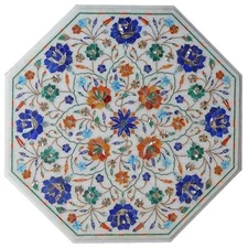 18'' white antique Marble Center corner Table Top Inlay lapis malachite nh