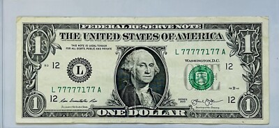 BINARY 7 OF A KIND 7 s Fancy Serial Number L77777177A 2013 $1 Bill.