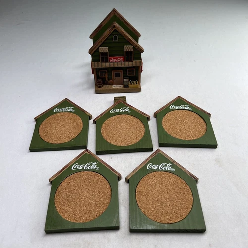 Vintage 1999 Coca Cola Coke Coaster 5 Set Wooden House Decor NICE!