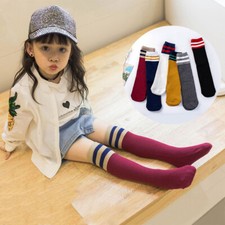 2 Pairs Girls Boys Football School Tennis Gym Sport Knee High Striped Socks
