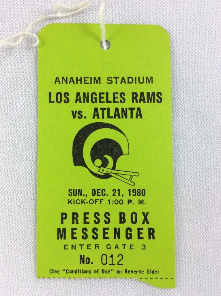 NFL 1980 12/21 Atlanta Falcons at LA Rams Press Box Credential-Jewerl ...