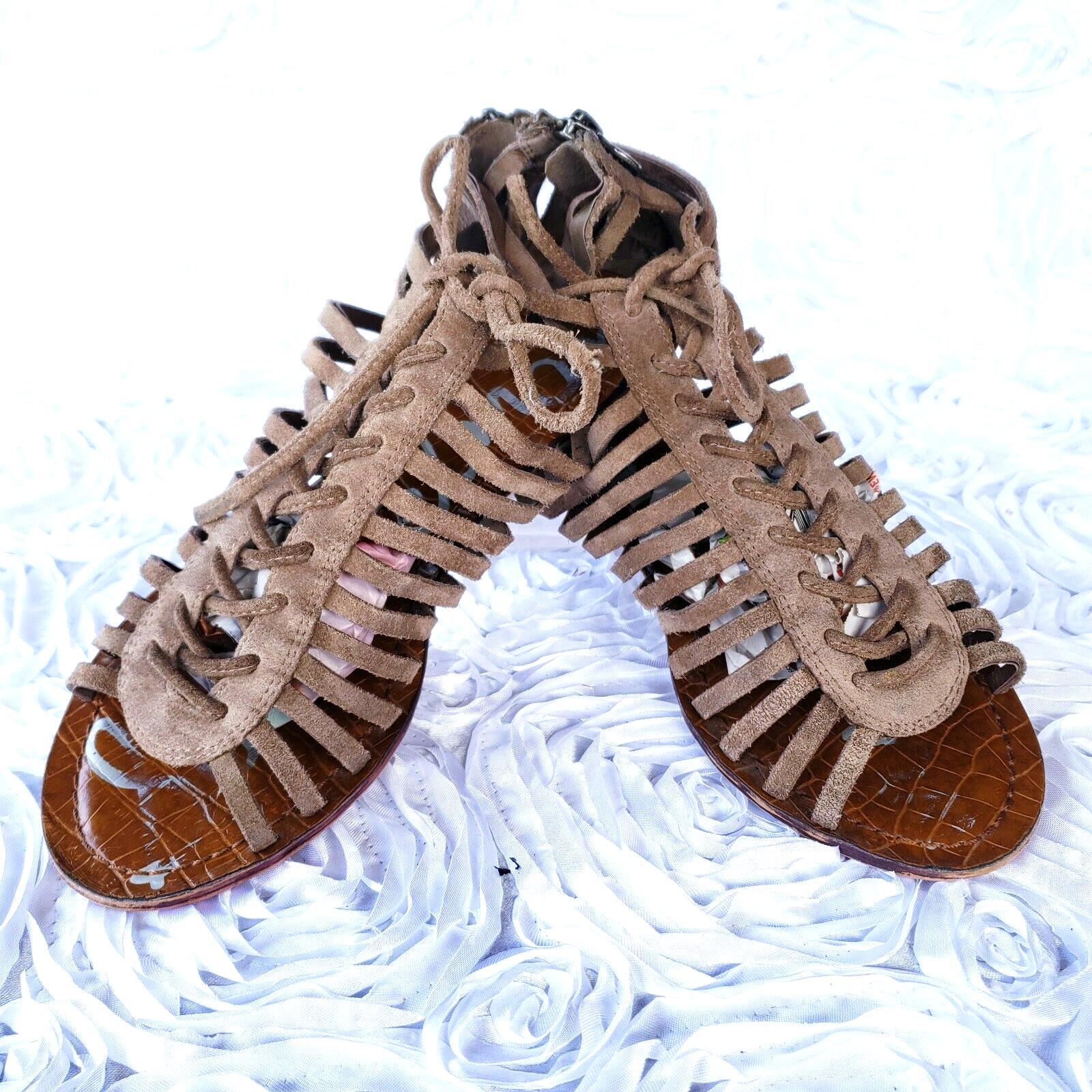 APL Sandali donna Sam Edelman Boho Gladiatore zeppa tanga taglia 6 5 M scamosciati scarpe con cerniera