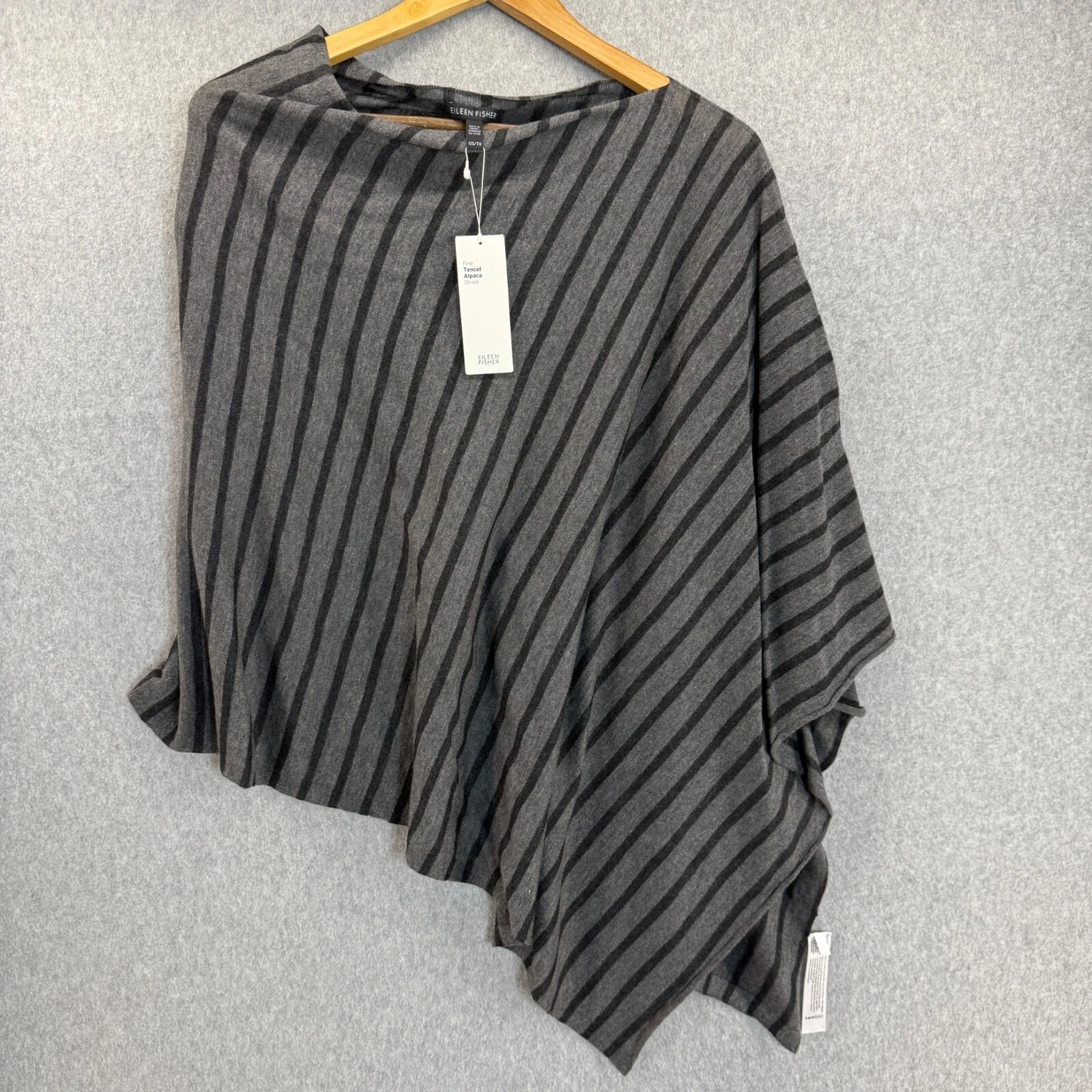 Eileen Fisher One Size Poncho Merino Alpaca Wool Blend Gray Black Striped NWT