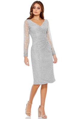MAC DUGGAL 6 Midi Dress Long Sheer Sleeve V-Neck Women Platinum 12408 NWT $498