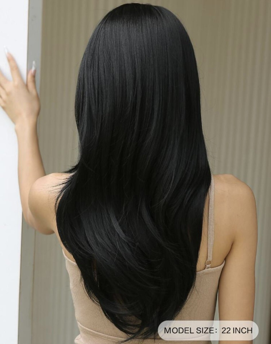 Perruque Synthétique Longue Noire Lisse Avec Frange - Taille Moyenne, +4 Bonnets Offerts, Neuve Sans étiquette