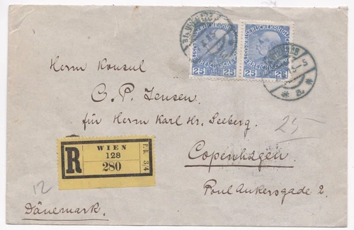 Reko Wien 128,25 Heller (2),nach Kopenhagen,1915