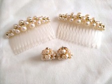Hair Accessories Gold And White Pearl Comb Hair Clip with Matching Earings