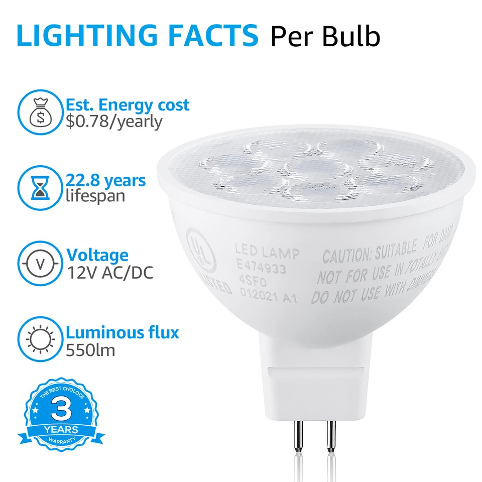 12-Pack 6.5W MR16 LED Bulb, 12V, GU5.3 Bi-Pin Base Spotlight Lamp Bulb, 5000K - Image 4 of 4