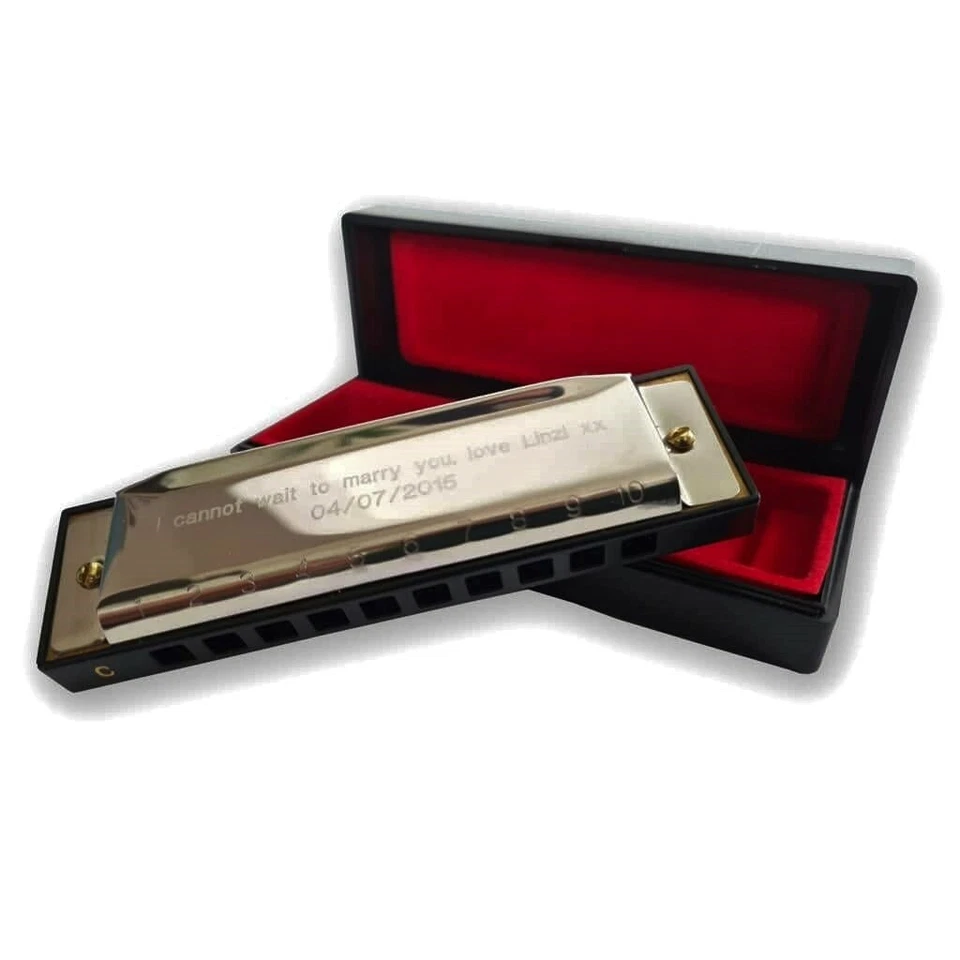 HONKIN' TOM'S Personalised Engraved Harmonica and case. Birthday Groom Valentine Fathers Gift