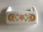 Vintage gold butterfly floral retro 1970s milk glass Pyrex butter dish kitchen