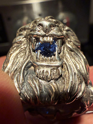 13 Lucky Monkeys 1-of-1 Lion Ring 12 Custom Blue Crystals Eyes & Mouth 3 Stone