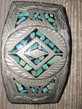 Vintage Hand Made Turquoise Inlay Belt Buckle. Silver /malachite