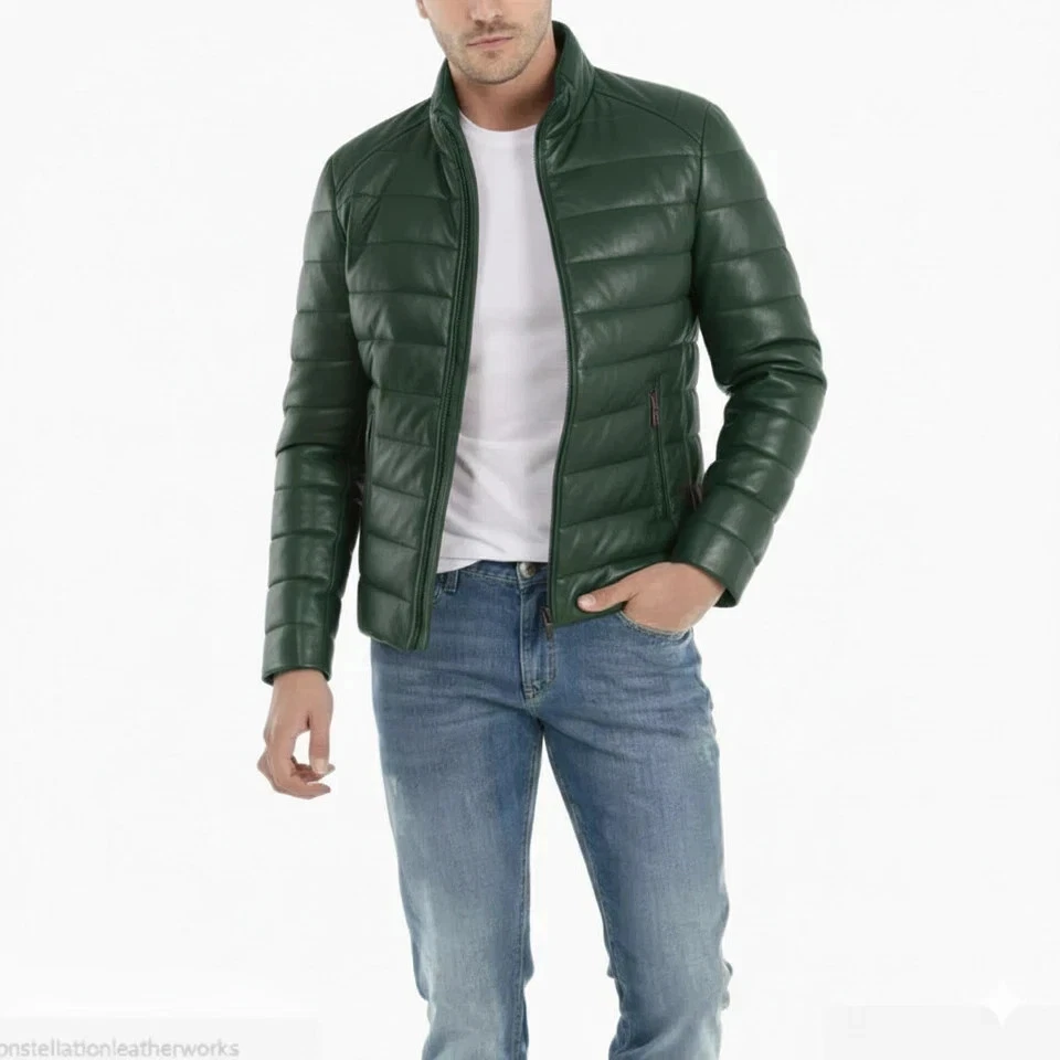Chaqueta acolchada hecha a mano motociclista motocicleta elegante informal piel de cordero cuero para hombre Foto 2 de 4