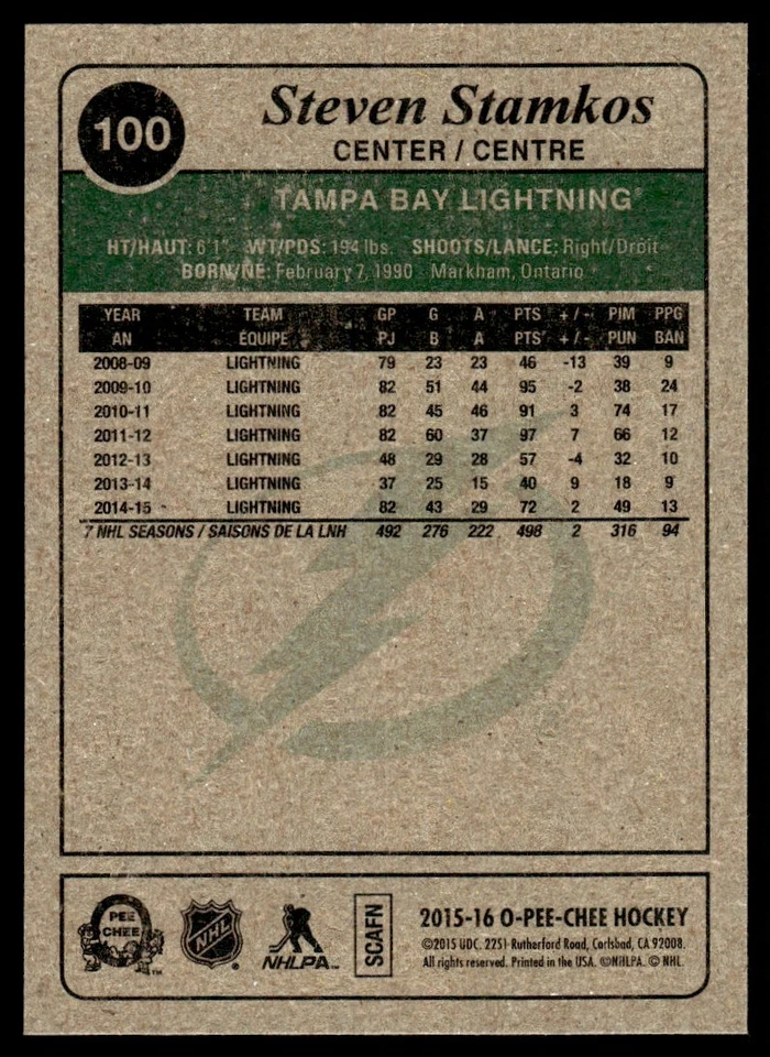 2015-16 O-Pee-Chee Retro Steven Stamkos Tampa Bay Lightning #100 - Image 2 of 2