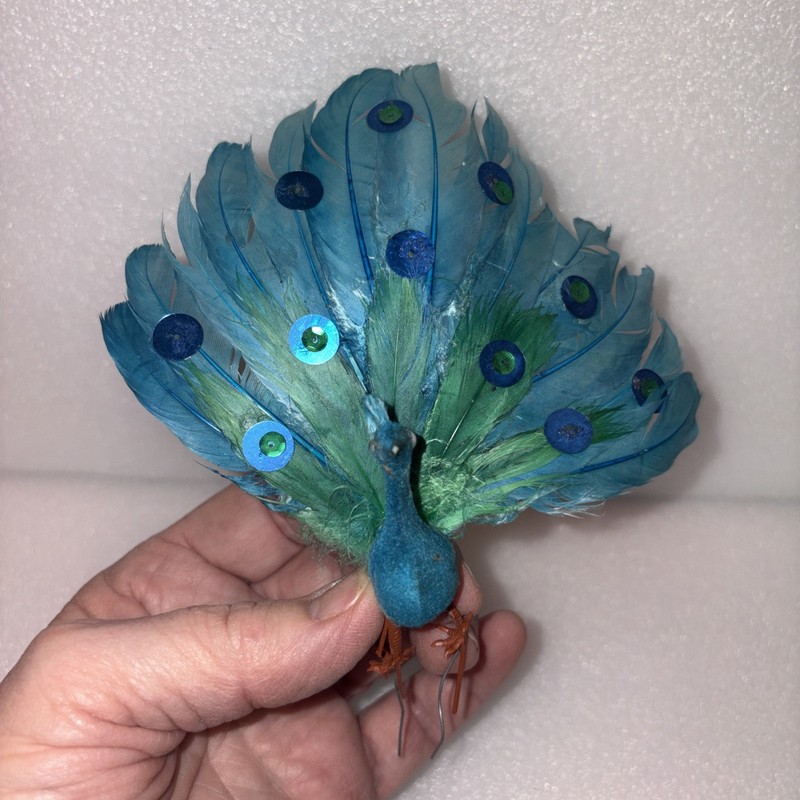 Vintage Blue Peacock Christmas Ornament Feathers Bird Blue Sequins