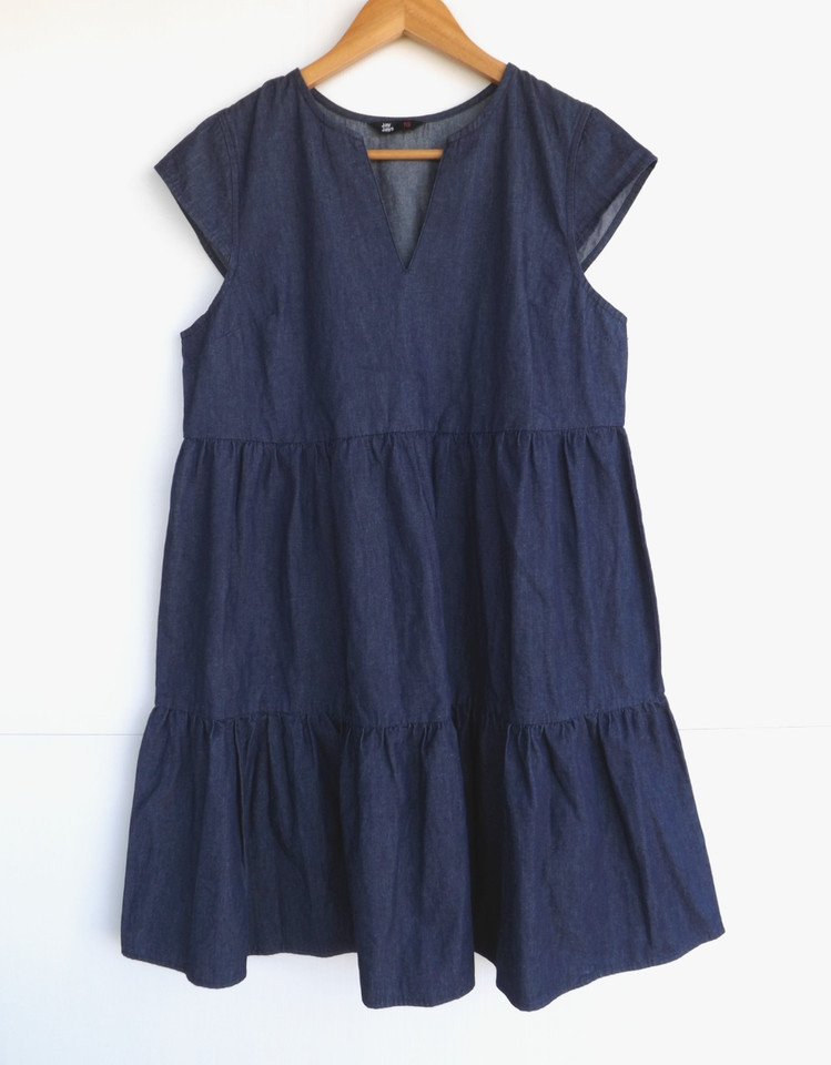 Jay Jays Dress 10 Womens Mini Blue Denim Cotton Tiered Cap Sleeve