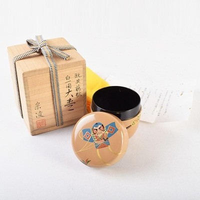 Tanaka Souryou White Ikkan Lacquer Toy Makie Large Natsume Tea Caddy w/Box Sado
