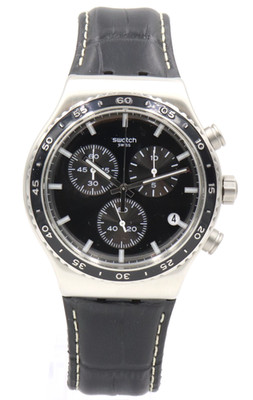 New Swiss Swatch IRONY AT NIGHT Chrono Black Leather Date Watch 44mm YVS495 $200