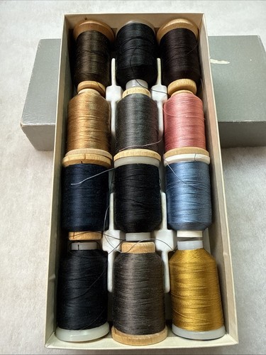 Vintage Silk Sewing Thread Large Lot of 12 Wood Spools, Assorted Brands Colors