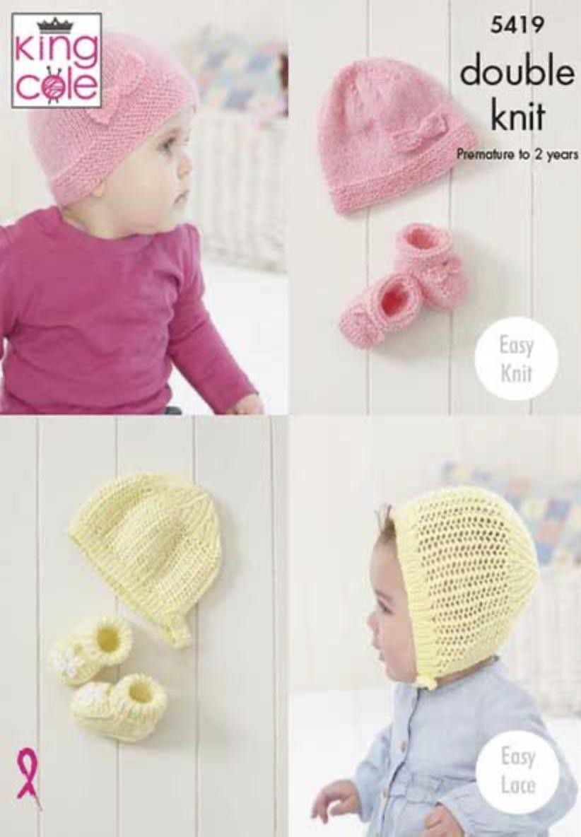 King Cole Baby DK Knitting Pattern - 5419 Babies Hat & Bootee Sets - Image 3