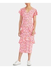 RACHEL ROY Womens Pink Floral Short Sleeve Tea-Length Sheath Dress Size: 2