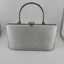 Vintage Silver Metallic Lined Round Handle Clutch Purse Kiss Lock Hand Bag 60s