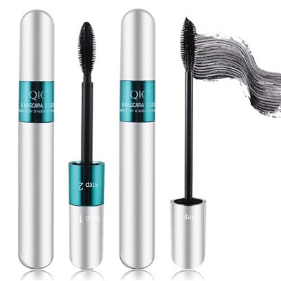 2 Pack 2 in 1 QIC 5x Longer Washable Black Mascara, 4D Silk Fiber Lash 2 Step, N
