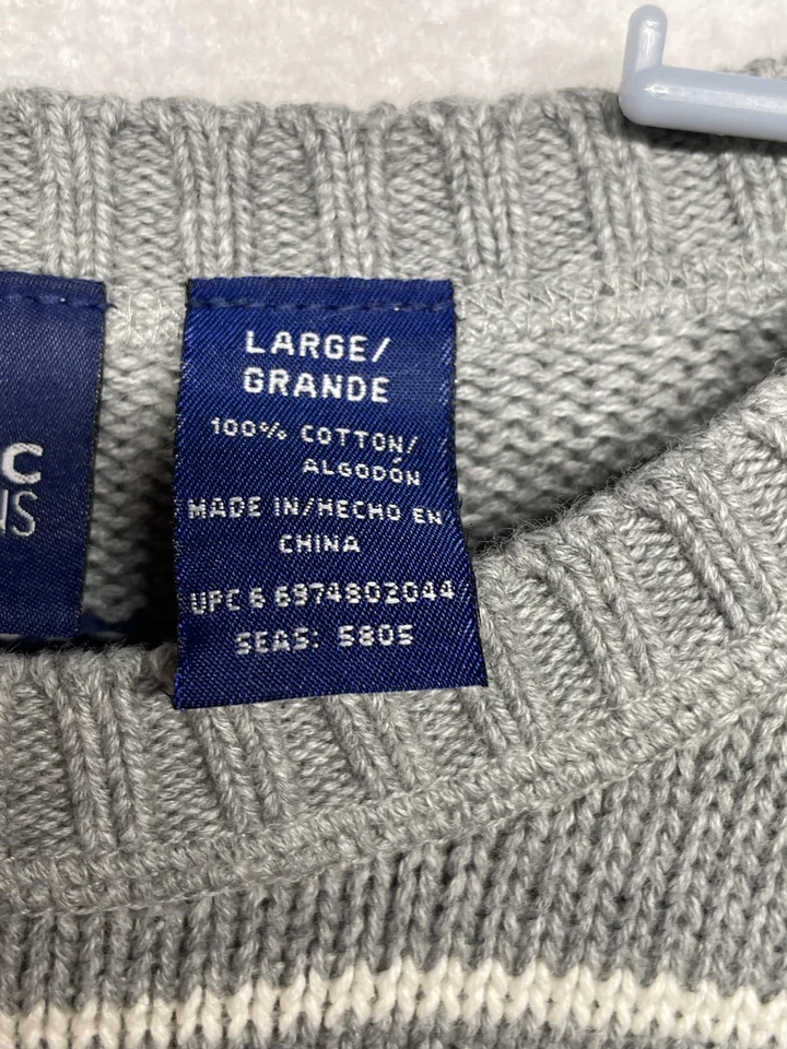 Basic Editions Sweater Mens Large Gray Stripe Crewneck 100% Cotton Pullover - Image 4 of 4