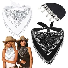 2 Pcs Disco Rhinestone Fringed Paisley Bandana Cowgirl Bachelorette Kerchief