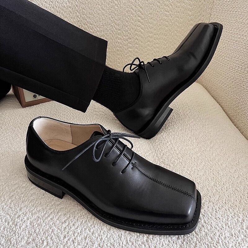 Mens British Style Square Toe Lace Up Black Leather Shoes