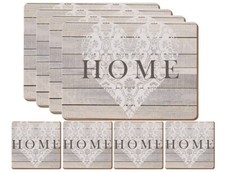 Set of 4 Home Heart Wood Effect Placemats & Coasters Retro Table Settings Mats