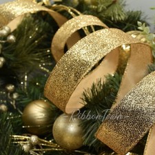 Christmas Gold Glitter Nugget Sparkly Wired Ribbon - 1.5 Inches Wide x 10 yards