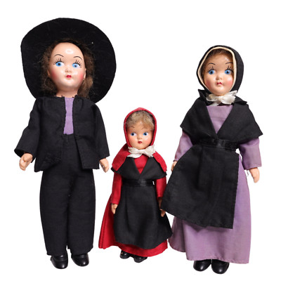 Vintage Hard Plastic Amish Family Dolls - Mom- Dad- Daughter - 7 Inches Tall