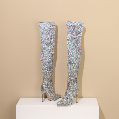 Womens Over The Knee Boots Thigh High Sequins Sexy Pointed Toe High Heels Party