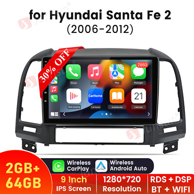 2+64GB Android 13 CarPlay Car Stereo Radio GPS WIFI RDS BT For Hyundai Santa Fe 